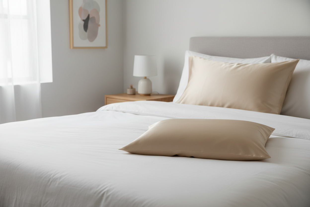 Close-up of a silk pillowcase on a bed with a second matching case folded nearby