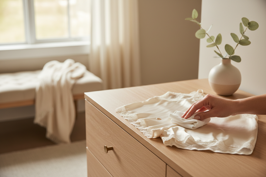 Silk sleepwear laid out on a bed with a small sticky patch being gently blotted by hand after a patch residue spill
