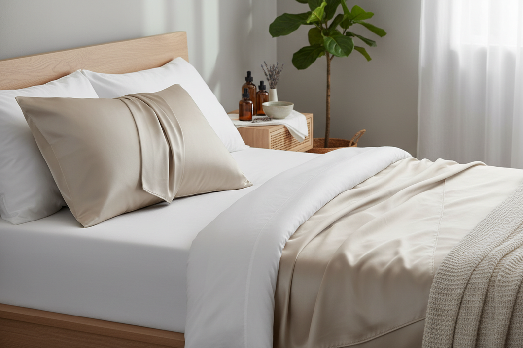 Silk pillowcase on a clean bedroom bed with laundry care items nearby
