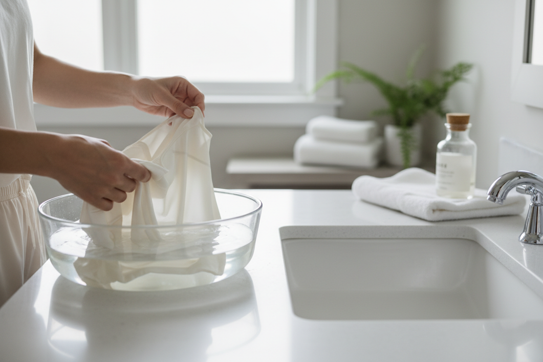 Silk pajama set laid out near a bathroom sink during a gentle hand wash routine in softened water