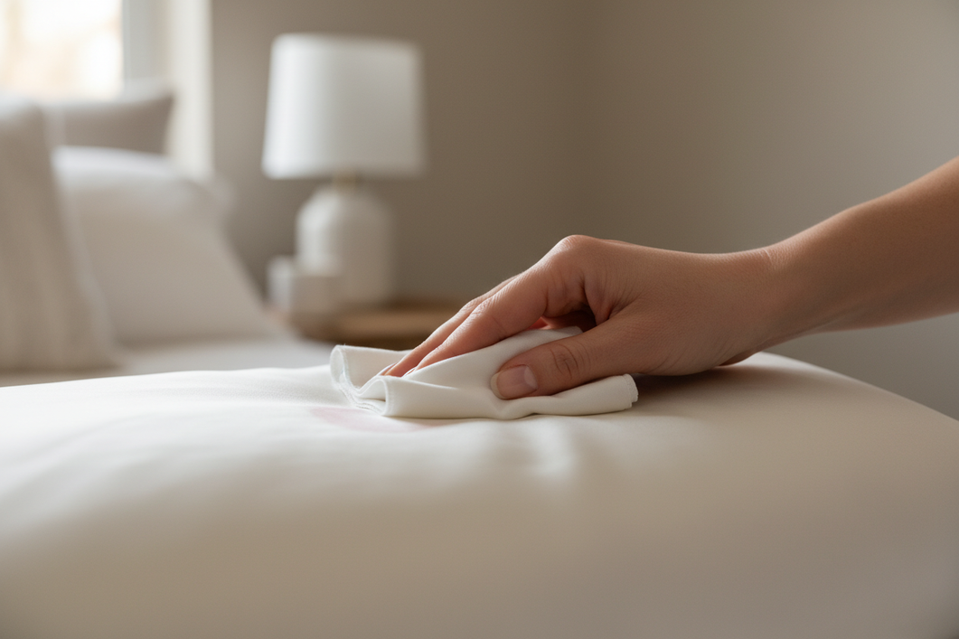 Close-up of a person gently blotting a fresh tan transfer on a silk pillowcase with a clean white cloth.