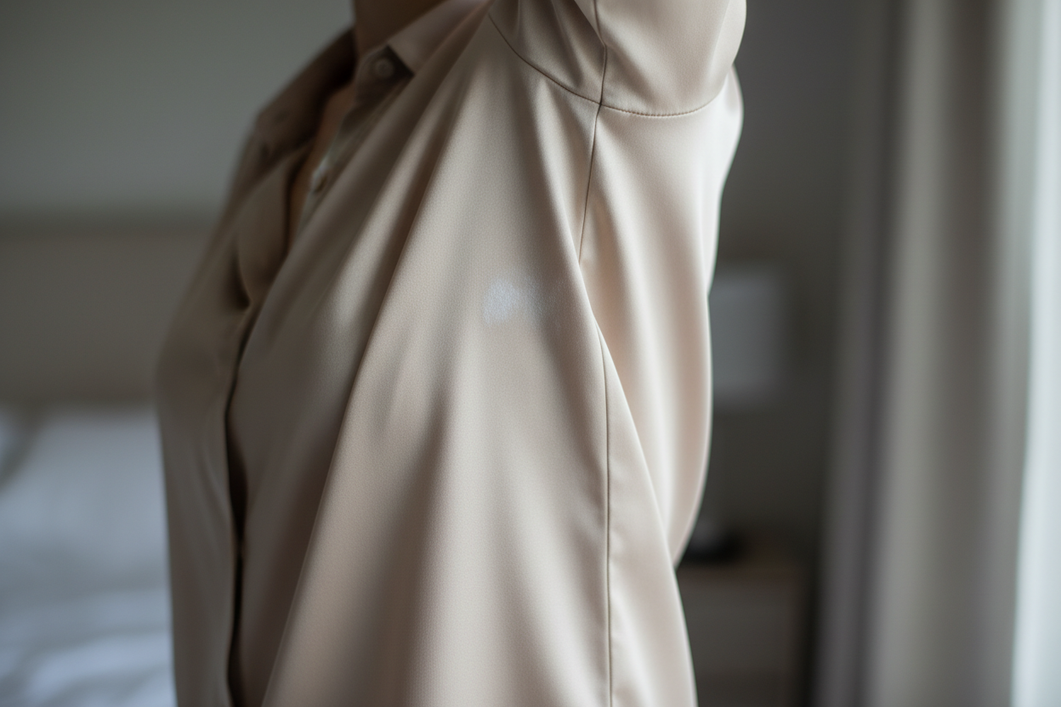 Close-up of a silk garment with a faint white deodorant residue mark near the underarm area