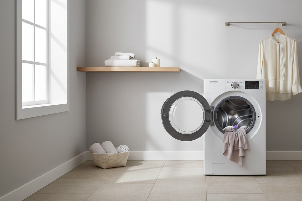 A silk blouse hanging neatly near a front-loading washer with the door open, suggesting a gentle refresh cycle in a clean laundry room