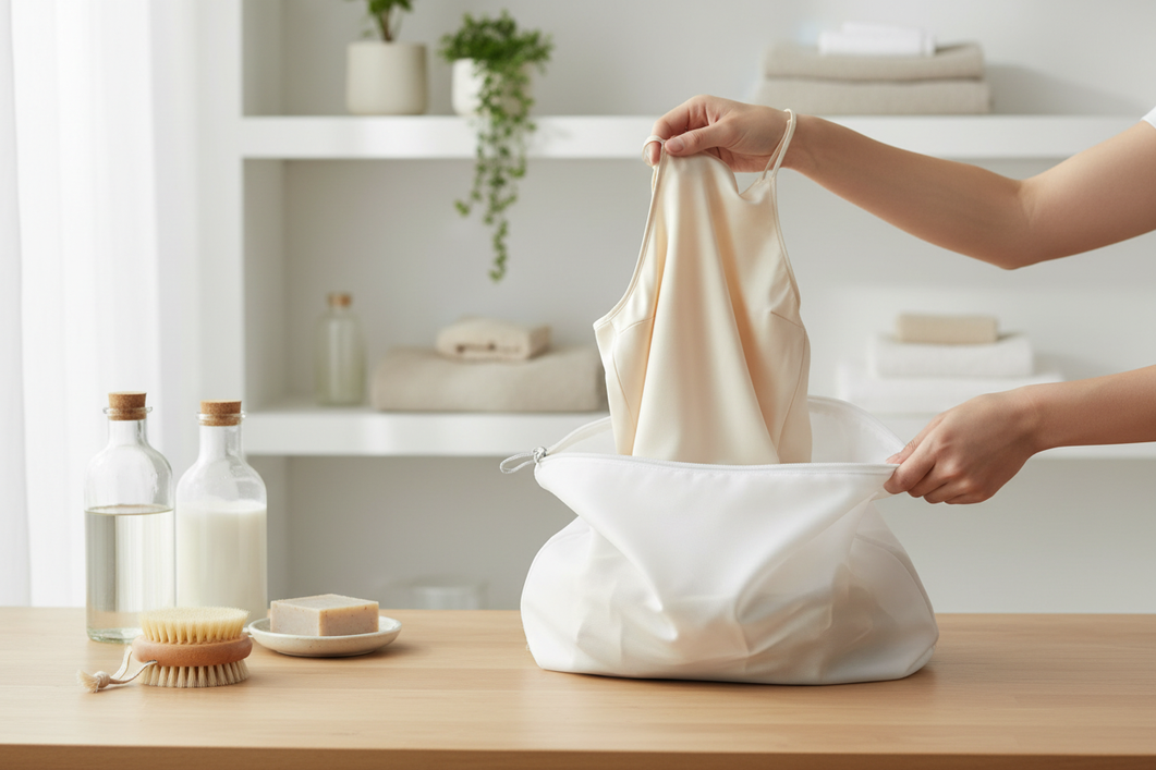 Close-up of a silk garment being placed into a mesh laundry wash bag beside a gentle laundry setup