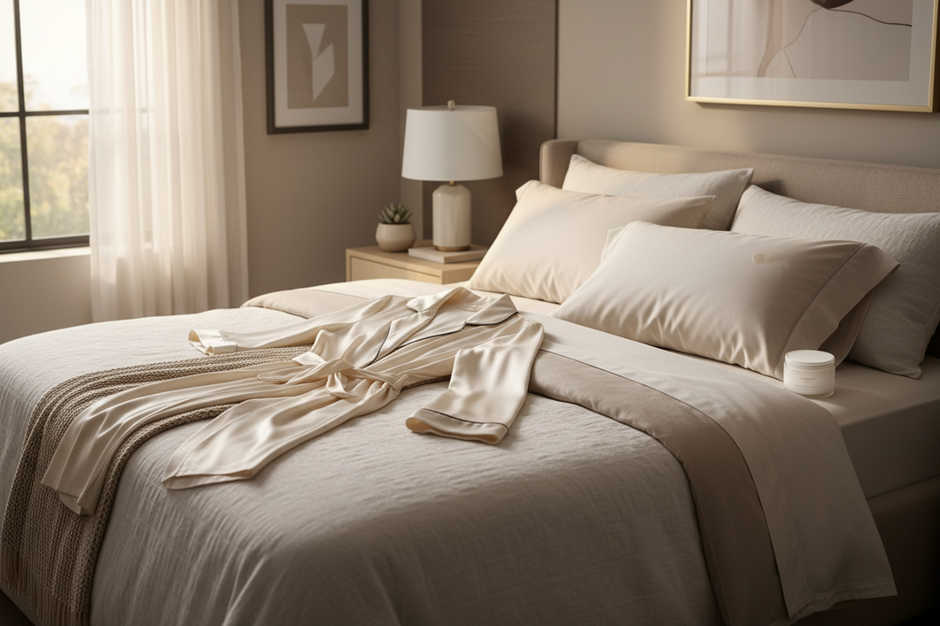 Silk pajamas and a silk pillowcase on a bedroom bed with a skincare bottle and a small fresh stain nearby