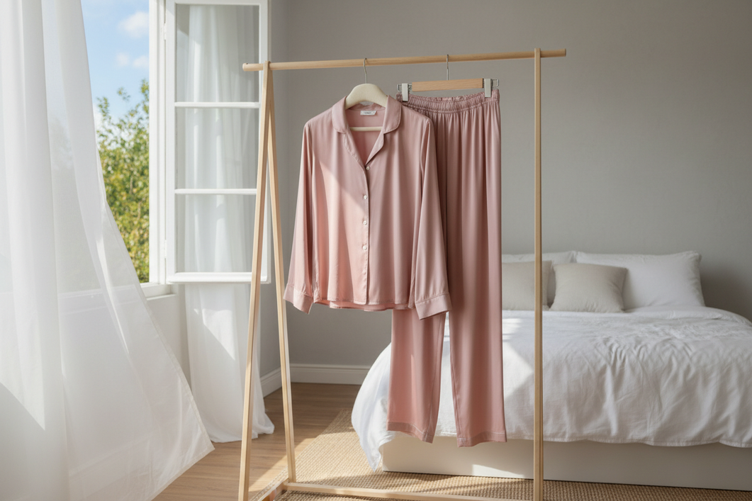 Silk pajamas hanging neatly in a softly lit bedroom while being aired out to remove body odor