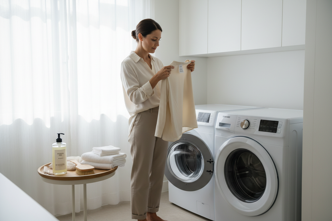Silk pajamas being checked beside a front-load washing machine, with a care label and gentle laundry setup visible