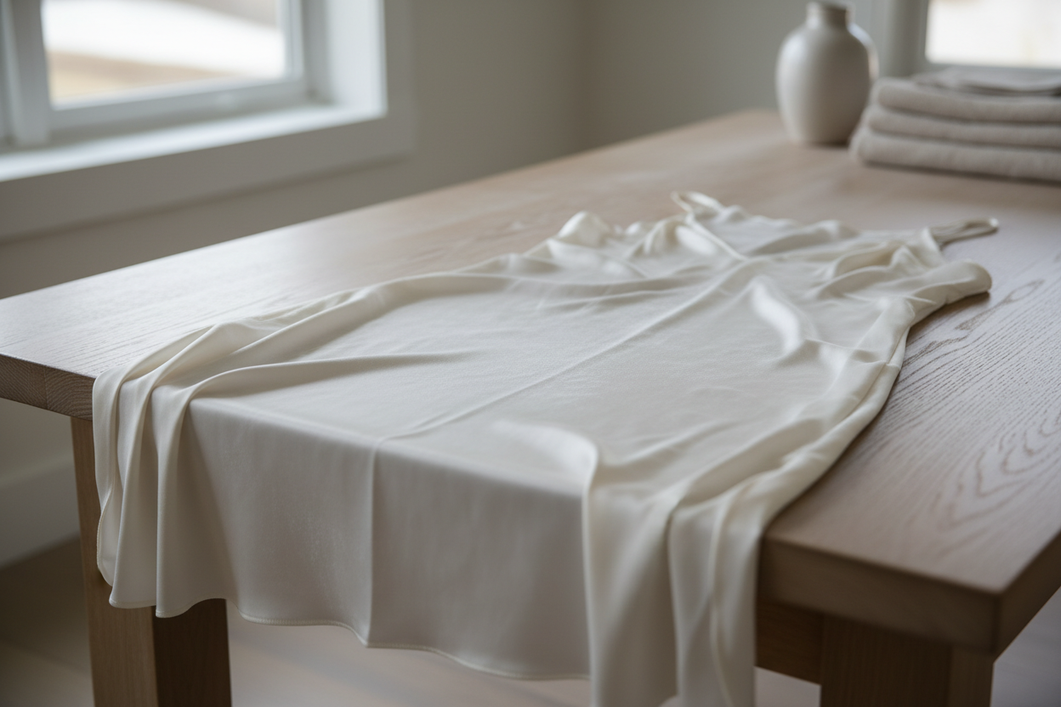 Silk garment laid flat in soft daylight with a faint powdery white coating visible after washing