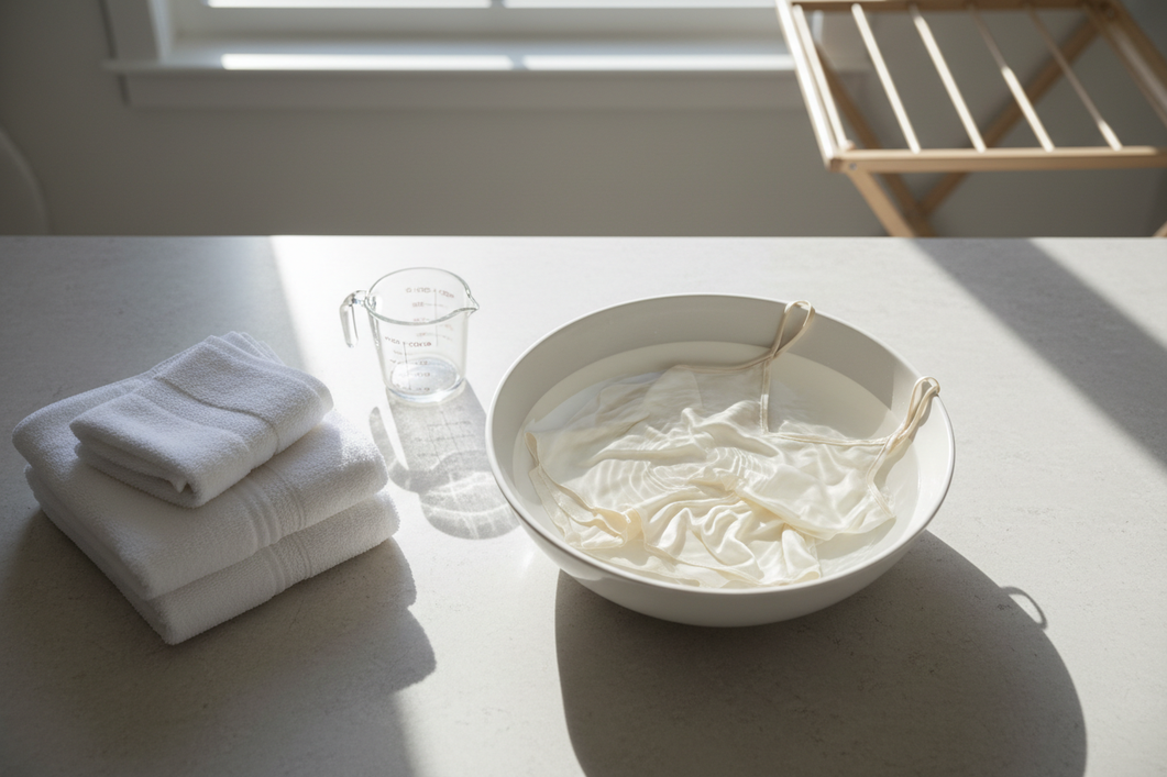 Flat-lay of a silk sleepwear set beside a bowl of water, a small measuring cup, and folded towels for a gentle hand-wash care scene