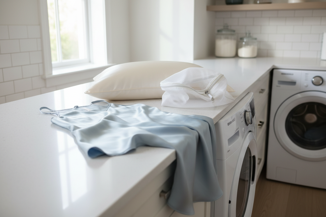 Silk pillowcase and robe on a laundry room counter beside a front-loading washing machine set for a cold delicate wash