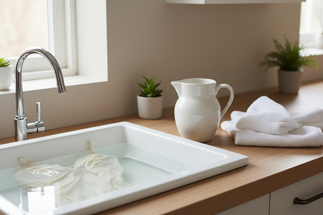 An elegant silk garment laid flat in a clean basin beside a second rinse container and towel, ready for careful hand washing