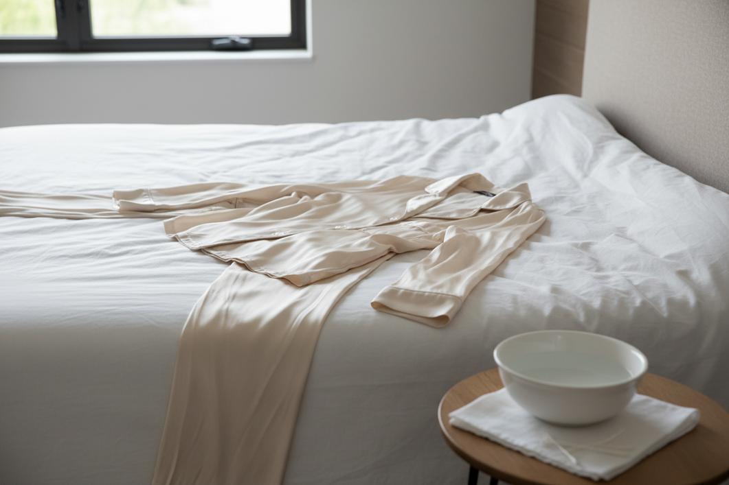 Silk sleepwear laid on a bed beside a small tray with a folded cloth, cotton swab, and a care basin, showing a gentle first-step cleaning setup after patch residue exposure.