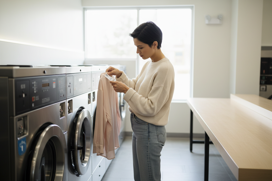 Woman at a laundromat holding silk sleepwear and checking the care label before using a washer