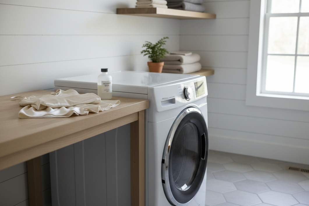 A silk pajama set resting in a laundry room near a front-load washer, showing a gentle wash setup for delicate fabric care.