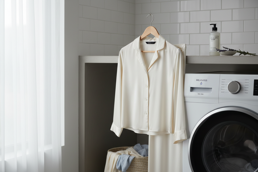 Silk pajama set hanging in a modern washer area beside a home laundry setup
