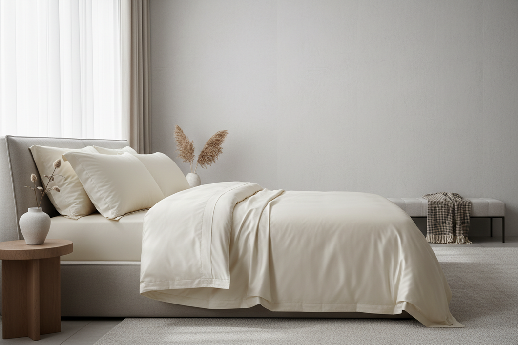 Luxury silk bedding displayed on a neatly made bed in a bright bedroom