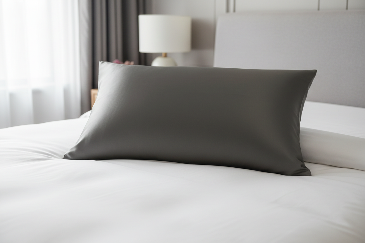 Silk pillowcase on a neatly made bed, showing a smooth, substantial fabric finish