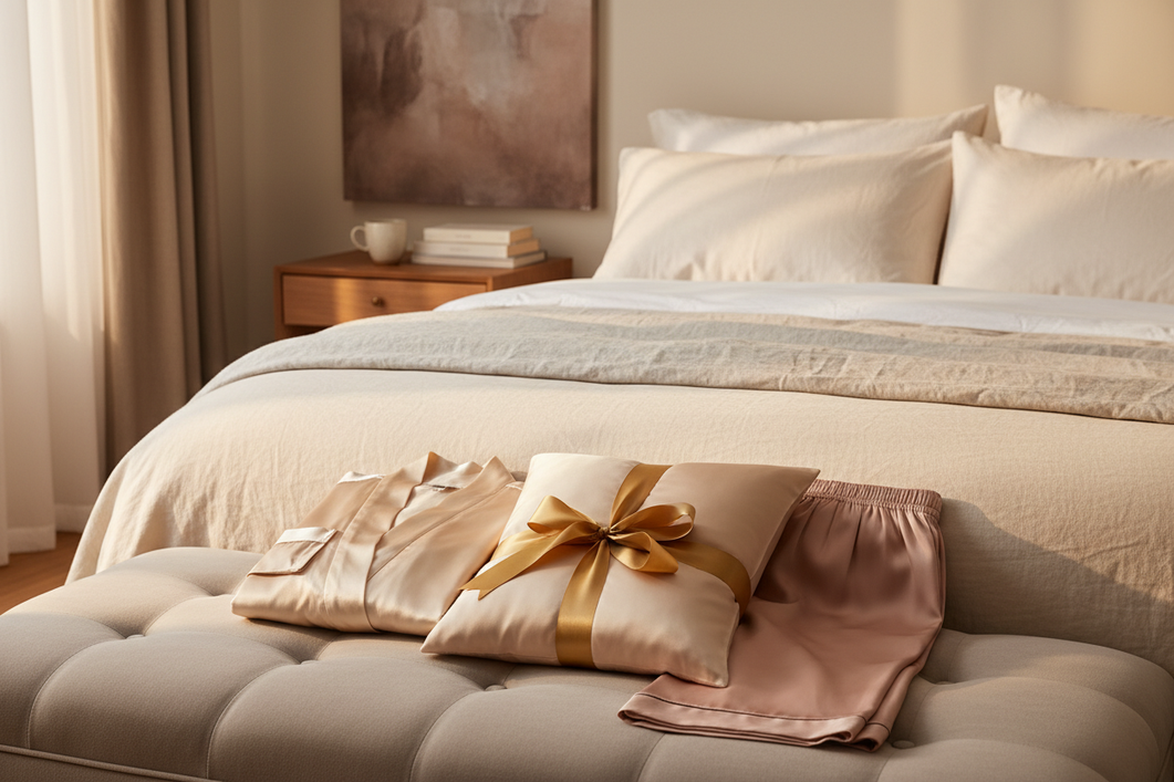 Elegant silk gift set for Mother’s Day with a pillowcase, robe, and pajamas arranged on a softly lit bed