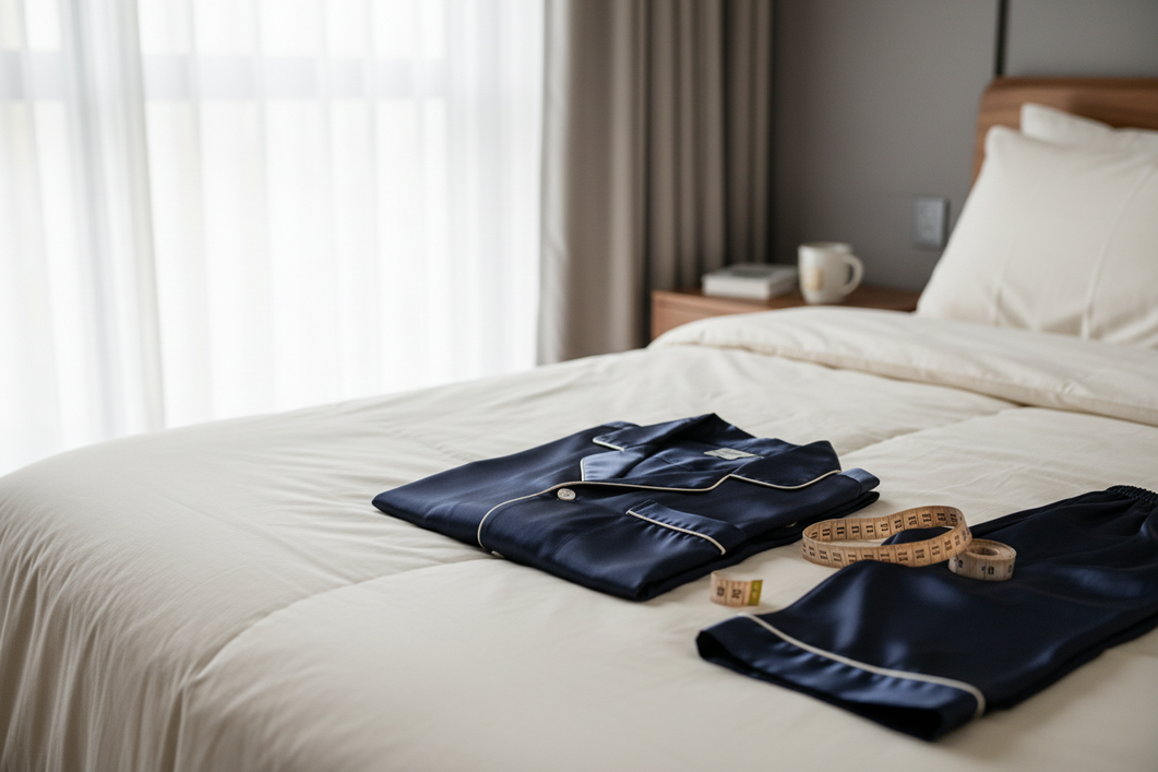 Men’s silk pajama set on a bed with measuring tape laid across the chest and waist area for size comparison