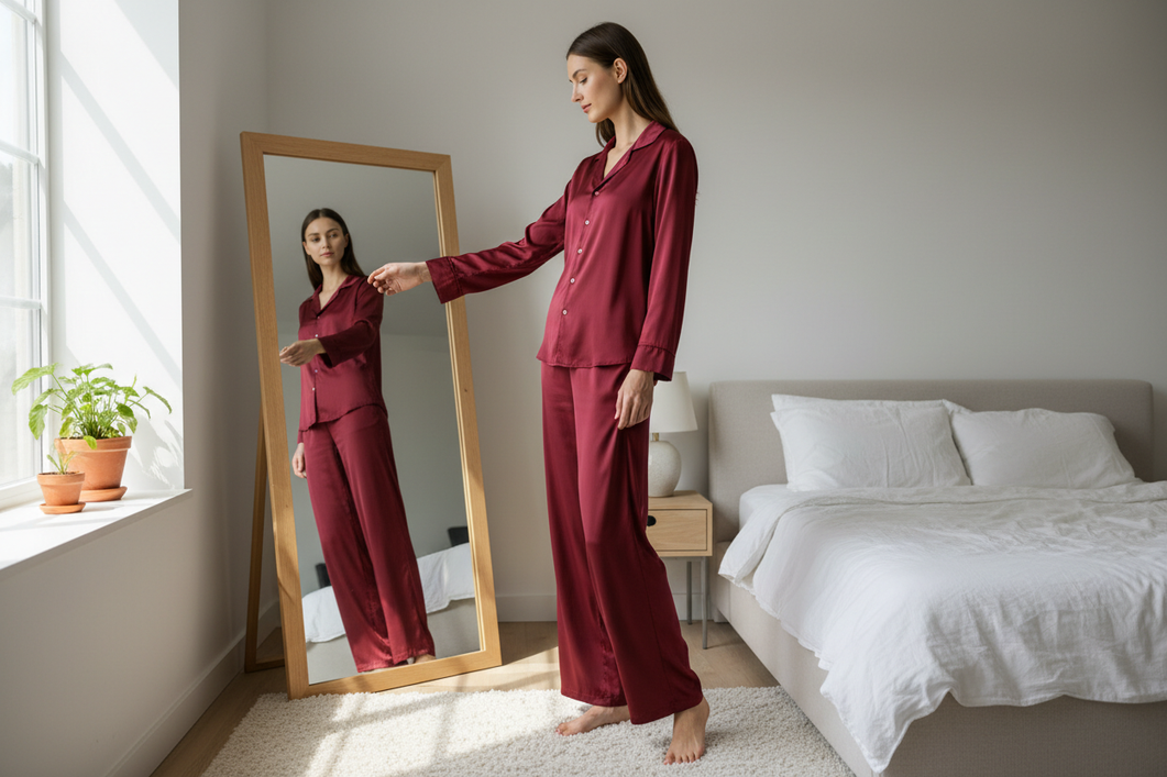 Tall woman in silk pajamas checking pant hem and sleeve length in a bedroom mirror