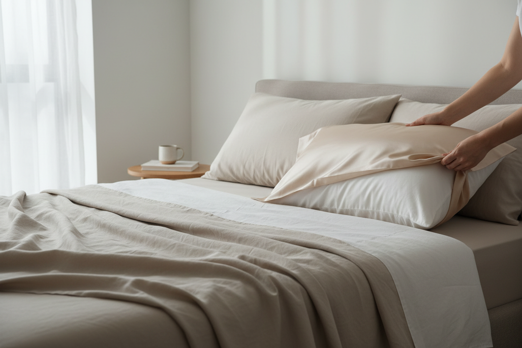 A silk pillowcase on a neatly made bed in a bright bedroom, with a pillow being tucked into place for a first silk purchase