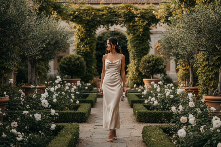 Silk wedding guest dress in a soft muted tone on a woman at a summer outdoor wedding, elegant and polished