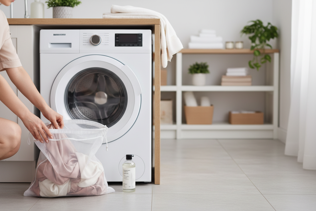 Silk sleepwear in a laundry mesh bag beside a modern washing machine in a bright home laundry room