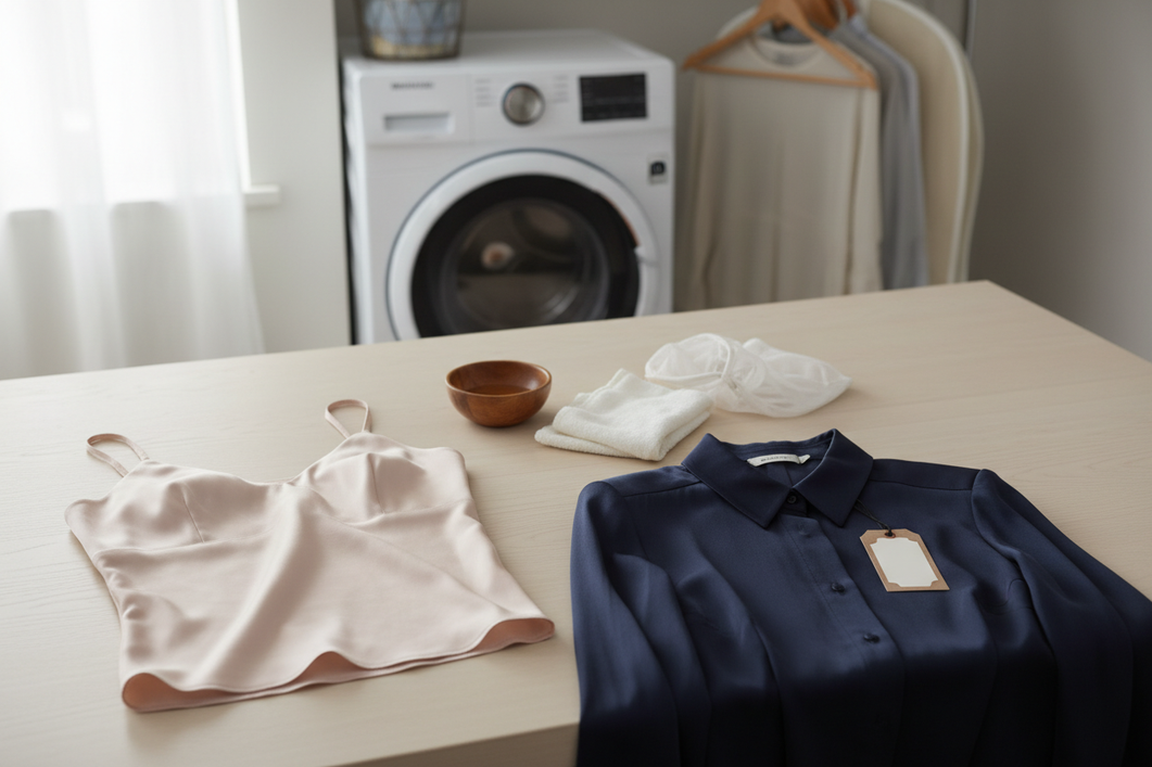Silk garments and bedding laid out for a care decision, with one simple flat item beside a more structured dress to compare home washing and dry cleaning.