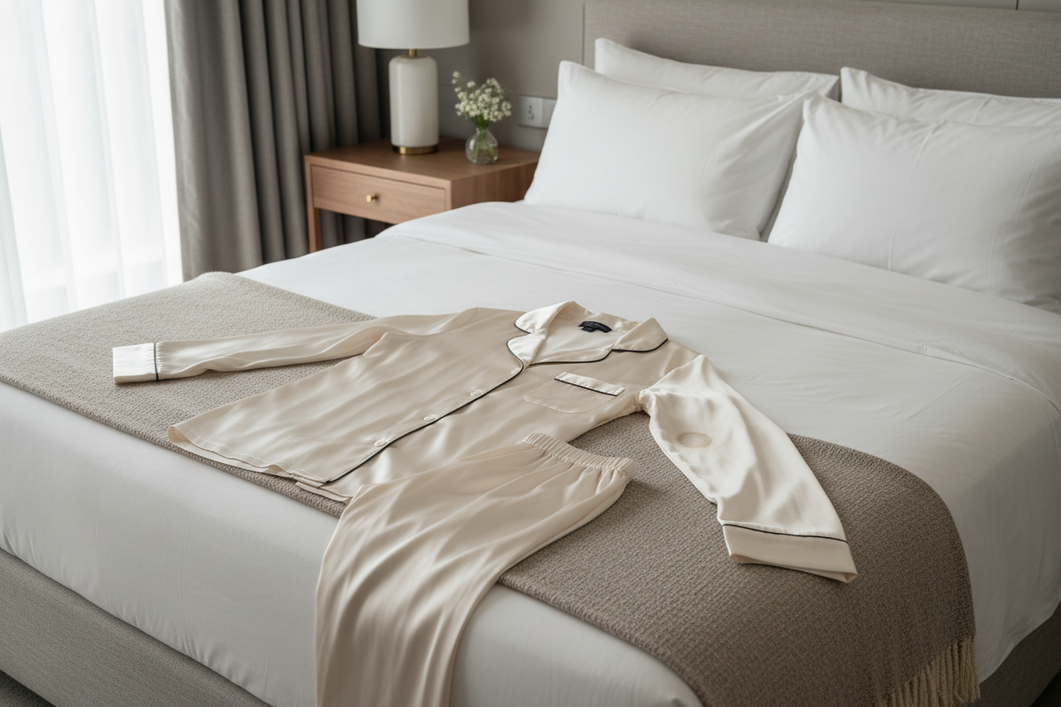 Silk pajamas with visible underarm discoloration laid out for stain inspection