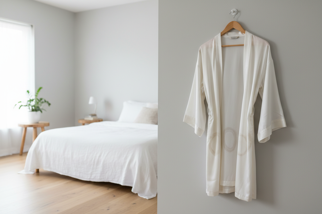 A silk robe hanging to dry on a rack in soft indoor light, with faint drying rings visible near the lower edge