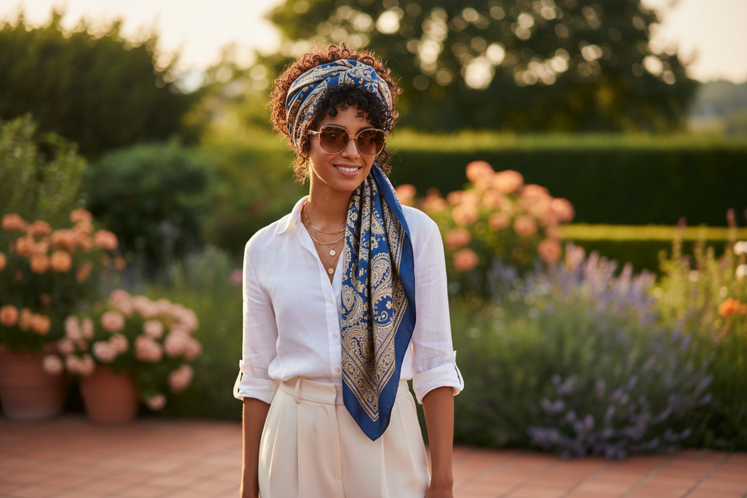A person styling a silk scarf as a head wrap for summer hair coverage, shown in a bright outdoor setting