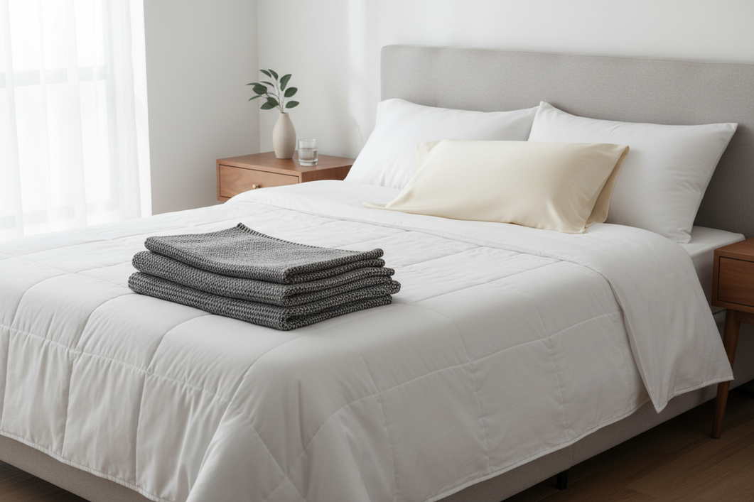 Silk pillowcase on a neatly made bed in a bright bedroom, showing a luxurious sleep accessory for hair and skin comfort.