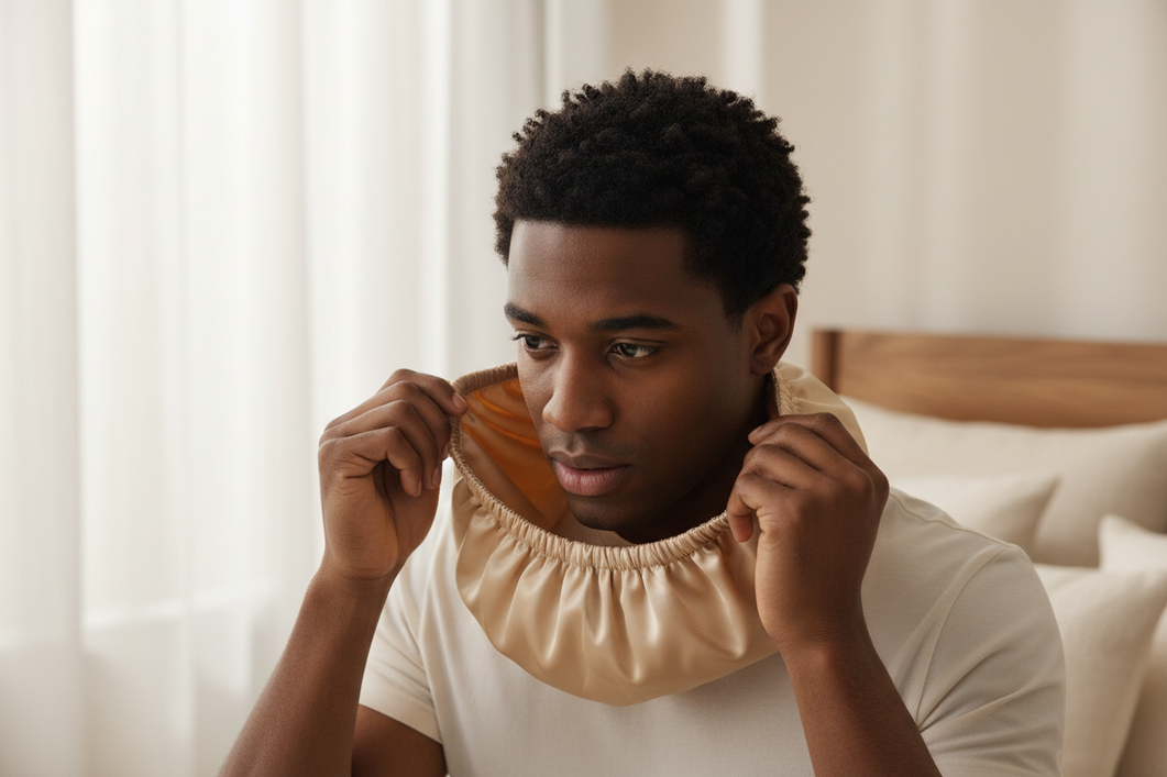 Men’s silk sleep cap fit guide showing a close view of a textured short hairstyle being measured against the opening and depth of a bonnet for overnight wear.