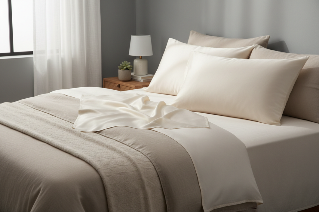 Silk pillowcase styled on a bed in a softly lit bedroom, showing a smooth sleep surface and the overall look of the item