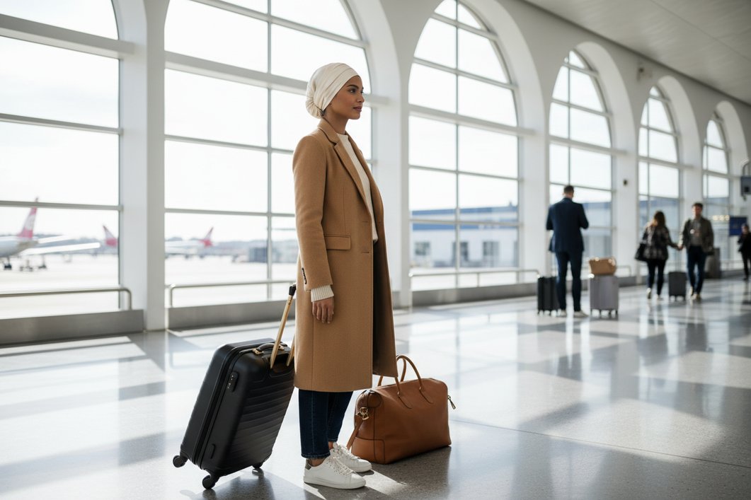 Traveler wearing a silk scarf as a flat head wrap while standing near airport seating, shown in a low-profile travel style