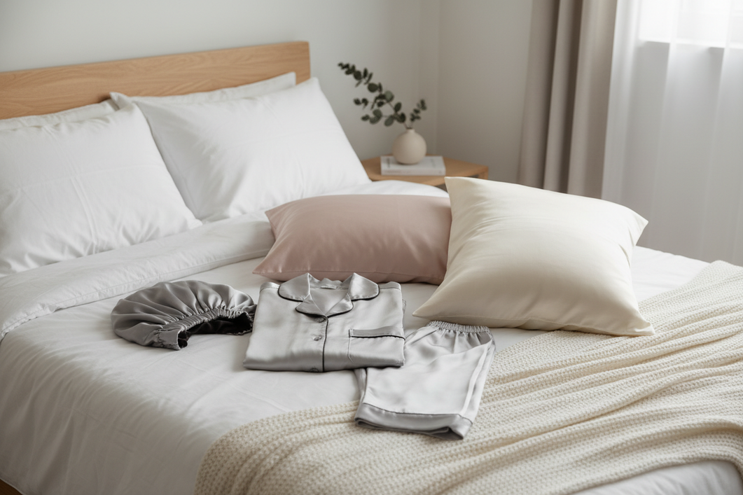 A silk pajama set, silk bonnet, and silk pillowcases arranged together on a neatly made bed to compare fabric weight options for sleepwear and bedding