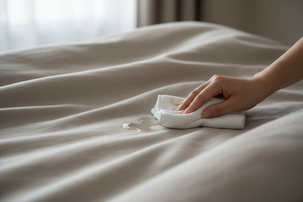 Silk pillowcase on a bed with a fresh oily skincare spot being gently blotted with a clean white cloth