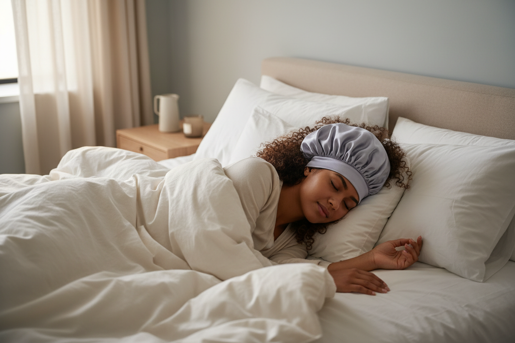 Silk sleep bonnet worn over curly hair while the wearer sleeps on a pillow, showing a secure overnight fit