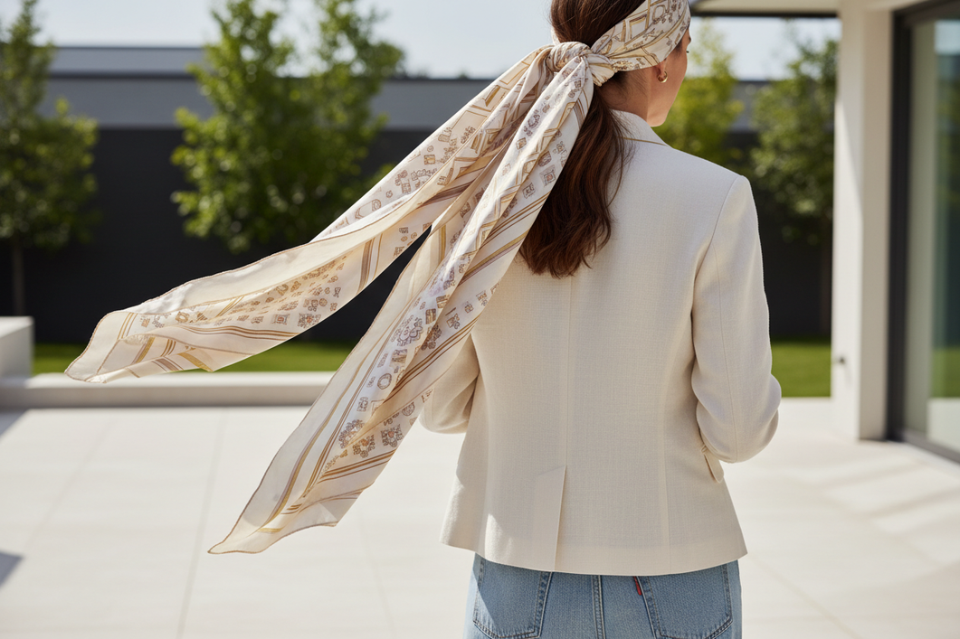 Silk scarf styled as a hair accessory on a person’s ponytail with a neat wrap and loose ends