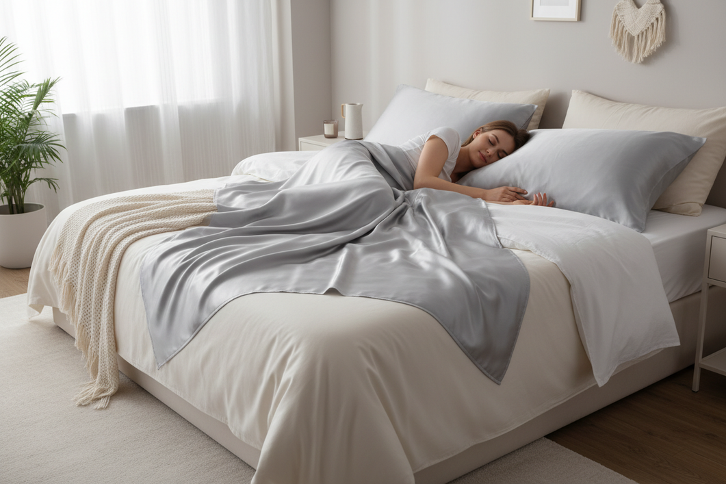 Silk pillowcase styled on a neatly made bed with a sleeping person nearby, showing a smooth sleep surface for hair and skin comfort