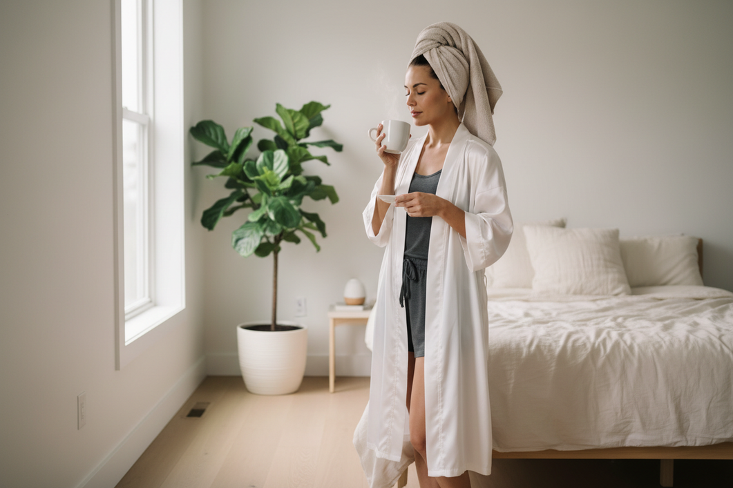 Silk bathrobe on a woman over simple sleepwear in a bright bedroom after a morning shower