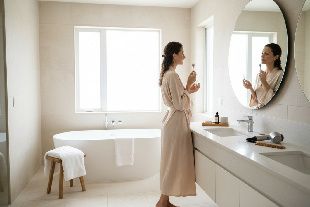 Woman in a silk robe after a shower, standing in a bright bathroom while finishing skincare and hair care