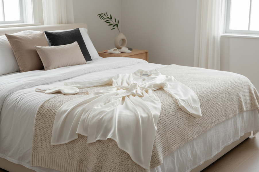 Silk bathrobe styled on a bed in a bright bedroom, shown as a luxurious loungewear hero image