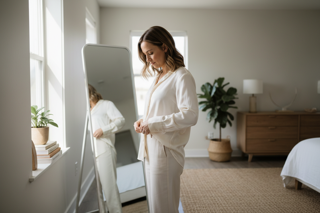 Woman checking the fit and drape of a silk blouse in a bedroom mirror