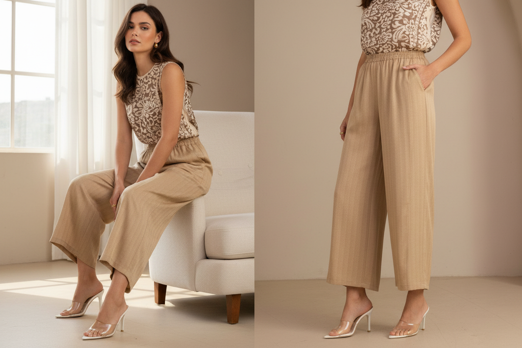 Woman checking the fit of wide-leg pants in natural daylight, standing and sitting during an at-home try-on.