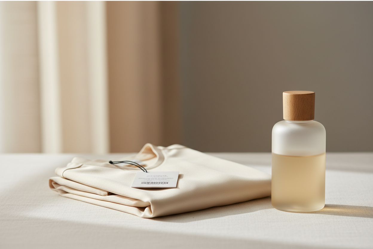 Silk robe care label and folded silk garment with a laundry detergent bottle nearby