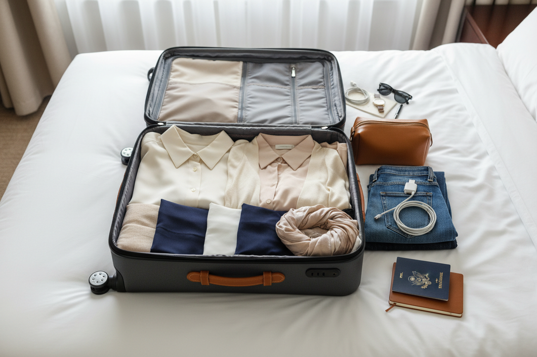 Silk travel essentials arranged in a carry-on with a folded shirt, scarf, sleepwear, and robe for trip packing