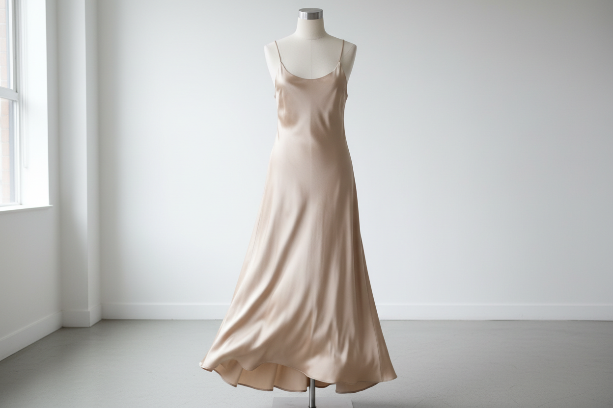 Silk dress on a mannequin in soft daylight with a lined skirt and slight shadow visibility check