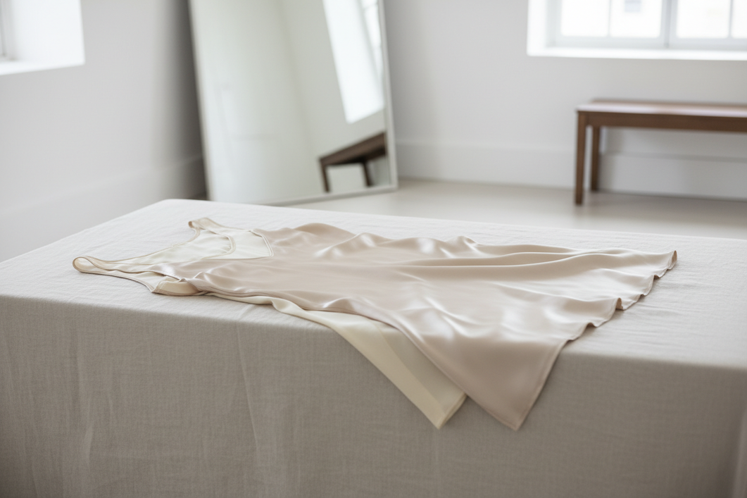 A silk dress laid over smooth low-profile underwear in soft daylight, showing a clean outfit check before wearing it.