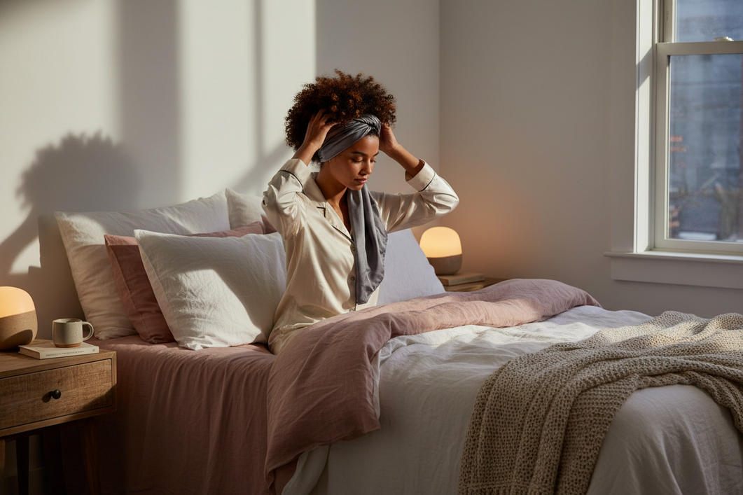 Person adjusting a silk head scarf over a full hairstyle before sleep, showing a comfortable low-tension fit